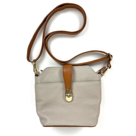 Valentina Made in Italy Leather Shoulder Crossbody Purse Cream & Brown 7"x7"x3" - Picture 1 of 11